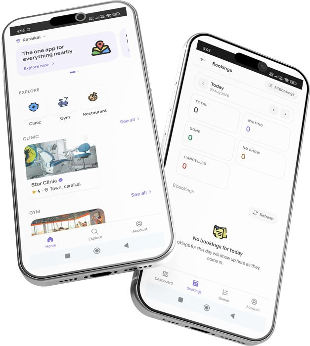 Whato business app screens showing search and bookings dashboard
